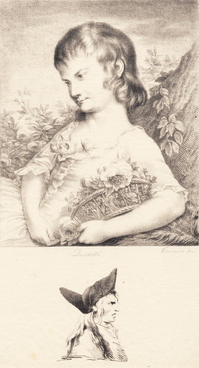 En lille pige med en blomsterkurv og mandsportræt af J.F. Clemens