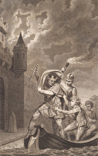 Illustration. En konge med løftet dolk og tre personer i en båd af J.F. Clemens