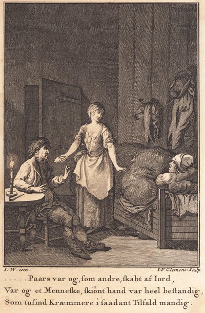 Marthe kokketøs kommer ind i stuen til Peder Paars og Per Ruus af J.F. Clemens