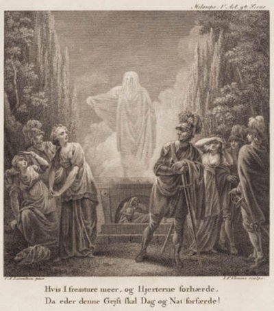 Melampe. Hvis I fremture meer, og Hjerterne forhærde, Da eder denne Gejst skal Dag og Nat forfærde? Gravering efterLlorentzens Holberg Galleri. af J.F. Clemens