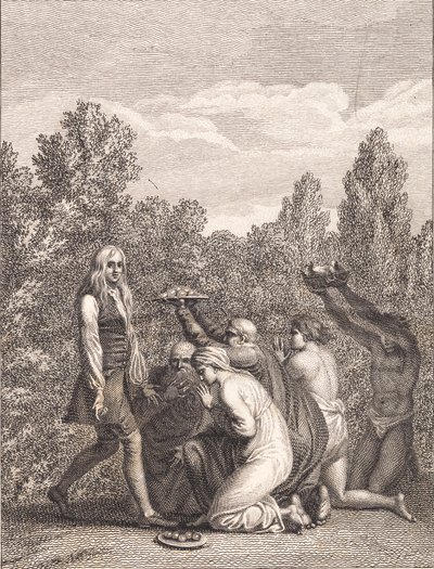Niels Klim hyldes af Qvamiterne, der bringer ham gaver og knæler for ham af J.F. Clemens