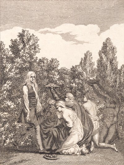 Niels Klim hyldes af Qvamiterne, der bringer ham gaver og knæler for ham af J.F. Clemens