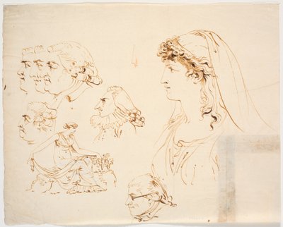 Seks mandlige og et kvindeligt profilhoved samt kvinde i klassisk dragt, der plukker blomster af J.F. Clemens