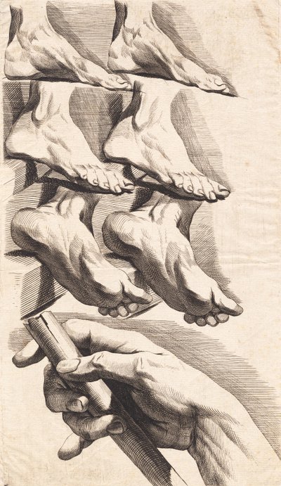 Studieblad af fødder og en hånd, der holder om en stav af J.F. Clemens