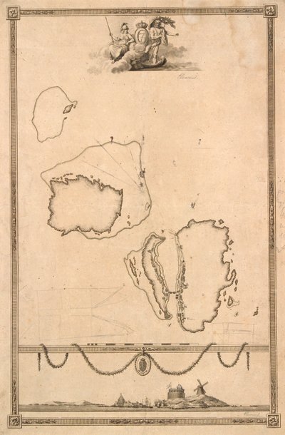 Titelvignet og prospekt til kort over Christiansø af J.F. Clemens