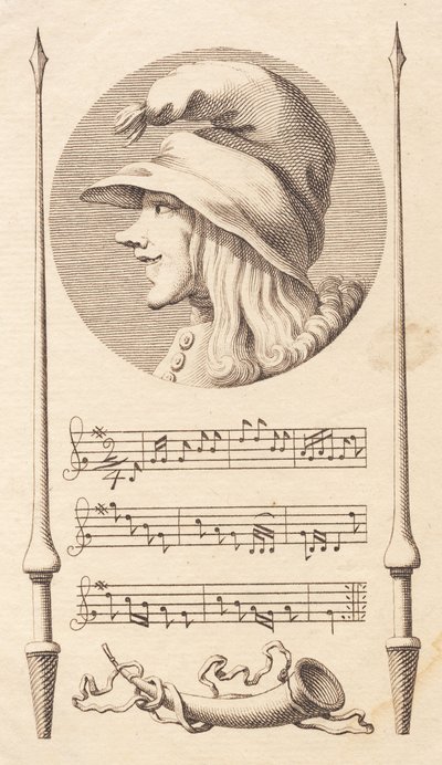 Vignet. Hoved af en bondedreng mellem to lanser. af J.F. Clemens