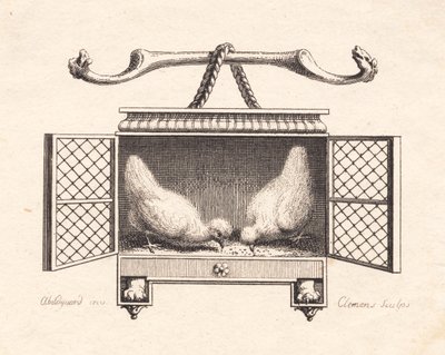 Vignet fremstillende to høns, der pikker korn op af J.F. Clemens