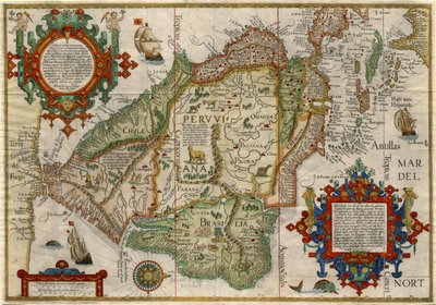Delineatio omnium orarum totius Australis parties Americae..., ca. 1596 (håndkoloreret kobberstik) af J.H. & van Langren A.F. (1571-1644) Linschoten
