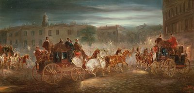 Aften Coaching Scene i en by af J.J. Jones