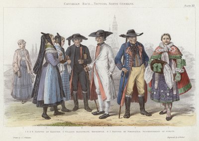 Kaukasisk race, germanere, nordtyskere (farvet indgravering) af J.L. (after) Williams