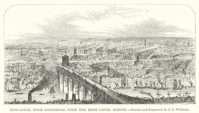 Newcastle, fra Gateshead, med High Level Bridge (gravering) af J.L. (after) Williams