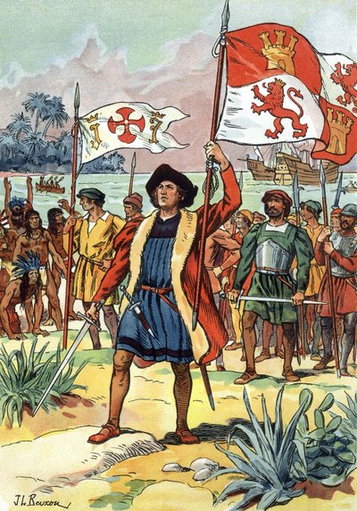 1492: Christopher Columbus ankommer til Amerika med spansk flag af J.L Beuzon (fl.1880-1940)