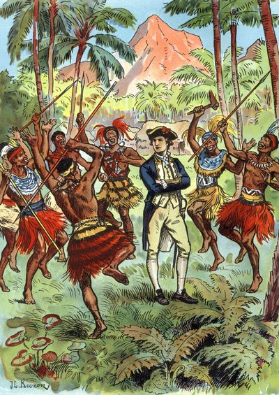 James Cook (1728-1779) og lokale på Hawaii af J.L Beuzon (fl.1880-1940)