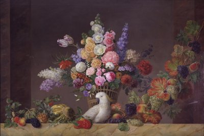 En kurv med blomster, en kakadue og en frugtranke af J.L. Camradt