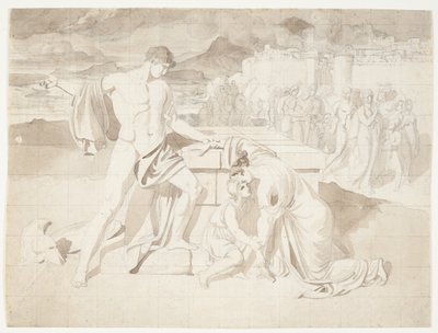 Andromache og sønnen Astyanax sammen med Pyrrhus ved Hectors sarkofag af J.L. Lund