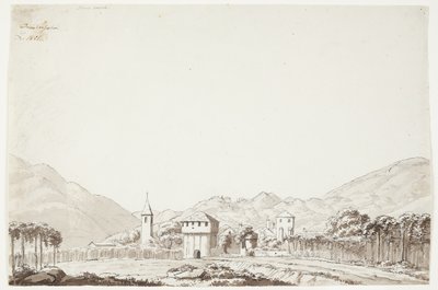 Landskab fra Domodossola i Schweiz med kirke og vagtårn af J.L. Lund