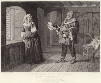 Falstaff og fru Ford, Merry Wives of Windsor, Act III, Scene III af J.M.L. Ralston