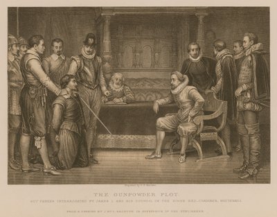 Krudtplottet; Guy Fawkes forhørt af kong James I og hans råd i kongens sengekammer, Whitehall af J.M.L. Ralston