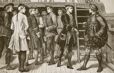 Den unge prættendent og højlandshøvdingerne om bord på "Doutelle" før hans landgang i Skotland, graveret af Butterworth and Heath af J.M.L. Ralston