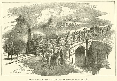 Åbning af Stockton og Darlington Railway, 27. september 1825 (gravering) af J.R. Brown