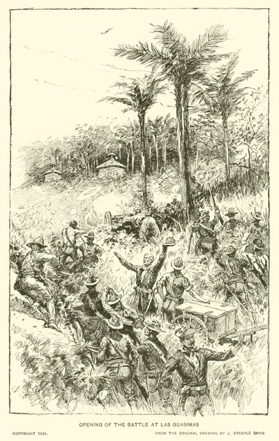 Åbning af slaget ved Las Guasimas (litho) af J. (after) Steeple Davis