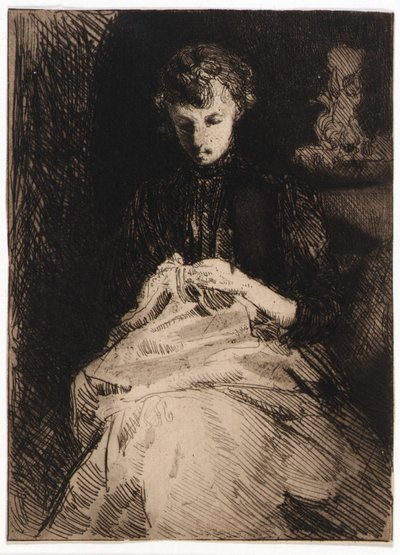 Kvinde sidder og syr af J. Alden Weir