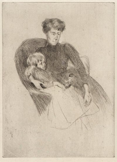 Kvinde og barn, siddende (mor og barn med legetøj) af J. Alden Weir