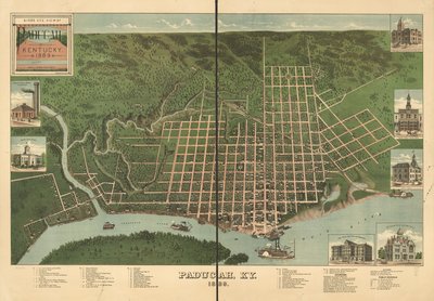 Fugleperspektiv af Paducah, Kentucky 1889. af J. Blanton; Krebs Lithographing Company Postlethwaite