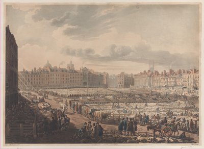 Et fugleperspektiv af Smithfield Market, taget fra Bear & Ragged Staff, januar..., 1. januar 1811. af J. Bluck