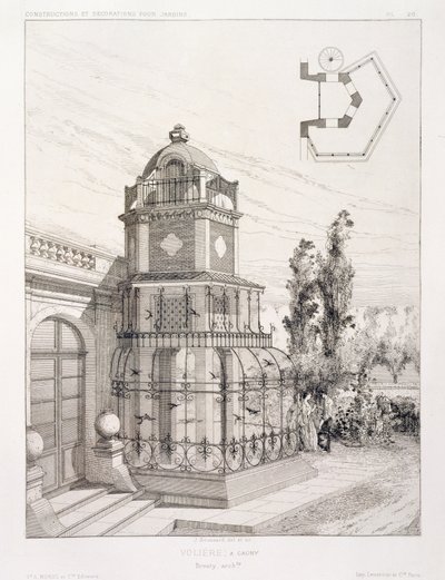 Voliere til sangfugle, fra en mængde design af forskellige arkitekter, pub. Morel & Cie, Paris, ca. 1880 af J. Boussard