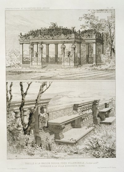 Pergola i La Maison Rouge nær Villemomble, designet af Cordier, og terrasse på Villa Borghese, Rom, ca. 1880 af J. Boussard