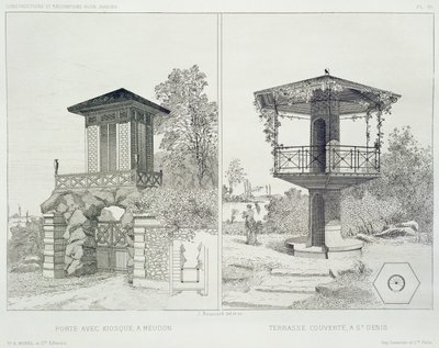 Portal med kiosk, Meudon og overdækket terrasse, St. Denis, fra en mængde design af forskellige arkitekter, pub. Morel & Cie, Paris, ca. 1880 (radering) af J. Boussard