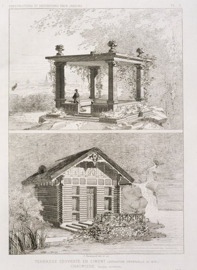 Terrasse dækket med cement, og have med udestue designet af Danjoy, ca. 1880 af J. Boussard