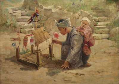 Japansk dreng bygger en krigsmand, 1895. af J. C. Arter.