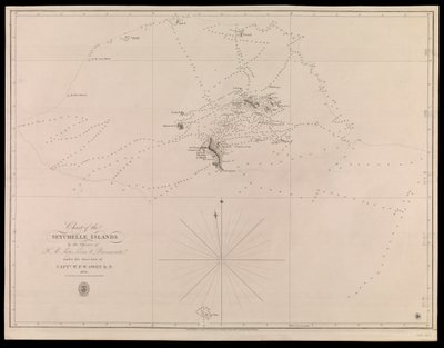 Kort over Seychelle-øerne af officererne på H.M. skibene Leven og Barracouta under ledelse af kaptajn W.F.W. Owen R.N. 1825 af J. & C. Walker