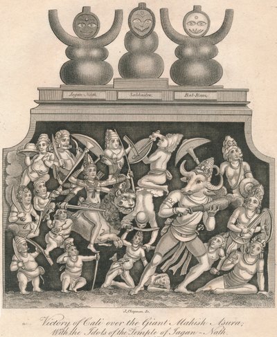 Calis sejr over den gigantiske Mahishasura, med idolerne fra Jagannath-templet, 1809. af J. Chapman