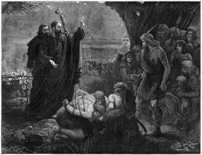 Kristne missionærer afbryder et menneskeofring, 1878. af J. Christie