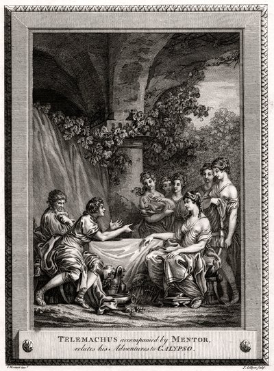 Telemachus, ledsaget af Mentor, fortæller sine eventyr til Calypso, 1774 af J. Collyer