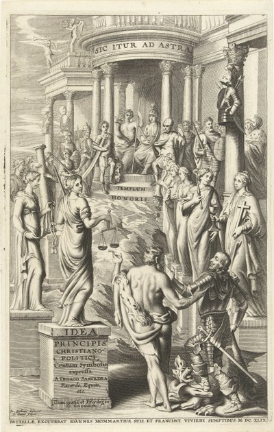 Hercules fører mennesket forbi personifikationer af dyder til et tempel for evig berømmelse Titelside for: Idea principis christiano-politica, Centum Symbolis expressa, Bruxelles 1649 (titel på objekt) af J. Danoot