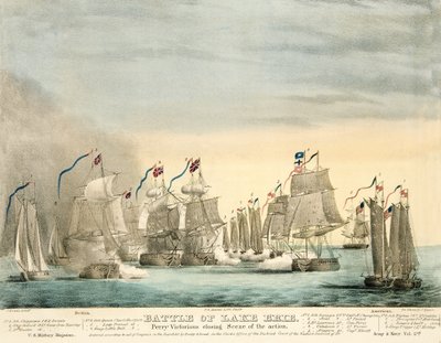 Slaget ved Lake Erie. Perry Victorious afslutningsscene af Action fra Army and Navy Magazine, pub. 1840 (farvet gravering) af J. Evans