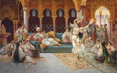 En haremsdans (olie på lærred lagt om bord) af J. G. Delincourt