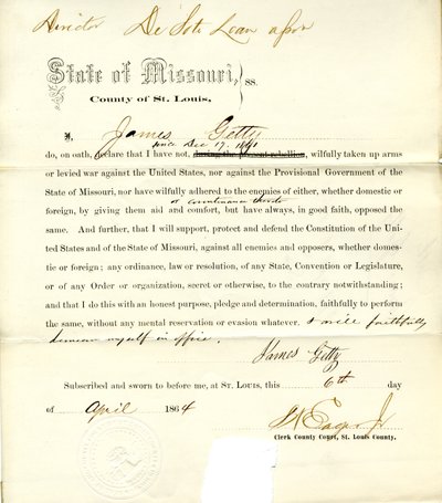 Loyalitetsed af James Getty fra Missouri, St. Louis amt af J. Getty