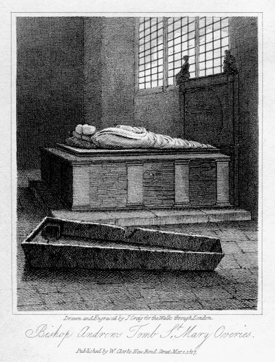 Biskop Andrews grav, St Mary Overies Church, Southwark, London, 1817. af J. Greig