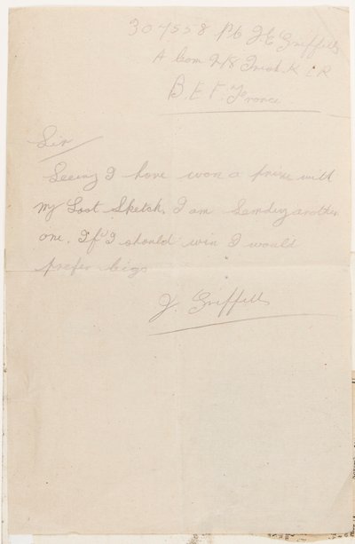 Brev til konkurrenceredaktøren af Liverpool Weekly Courier, 1917 af J. Griffiths
