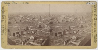 Stereograf af udsigten nordvest fra Water Tower efter Chicago-branden i 1871, 1871 (bw-foto på kortholder) af J. H. Abbott
