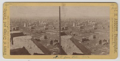 Stereograf af udsigten nordvest fra Water Tower efter Chicago-branden i 1871 af J. H. Abbott