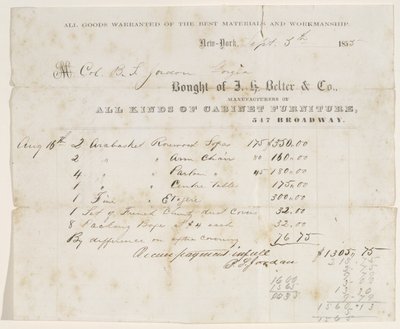 Salgsbrev til oberst B. S. Jordan, 5. september 1855 (blæk på papir) af J. H. Belter and Co. J. H. Belter and Co.