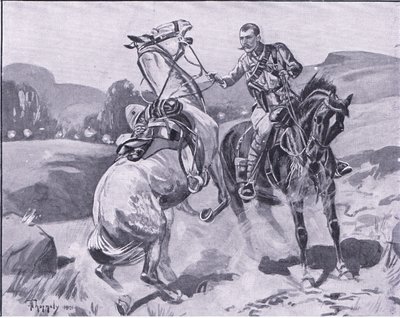 Major Brown, 14. husarer, holder liet Browns hest under kraftig ild, illustration fra After Pretoria: The Guerilla War, 1902 af J. H. Thorneley