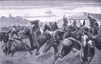 Boere, der angriber Remount-depotet ved Braamfontein, fra After Pretoria: The Guerilla War udgivet af Harmsworth Bros Limited, 1901 af J. H. Thornely