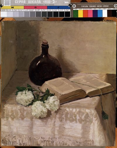 ""Stilleben med en flaske, åben bog og hvide blomster"" (Stilleben med en bog) Maleri af Johannes Hansch (1875-1946) Mål. 45 x 41,5 cm Mikalojus Konstantinas Ciurlionis Museum of Fine Arts, Kaunas, Litauen af J. Hansch